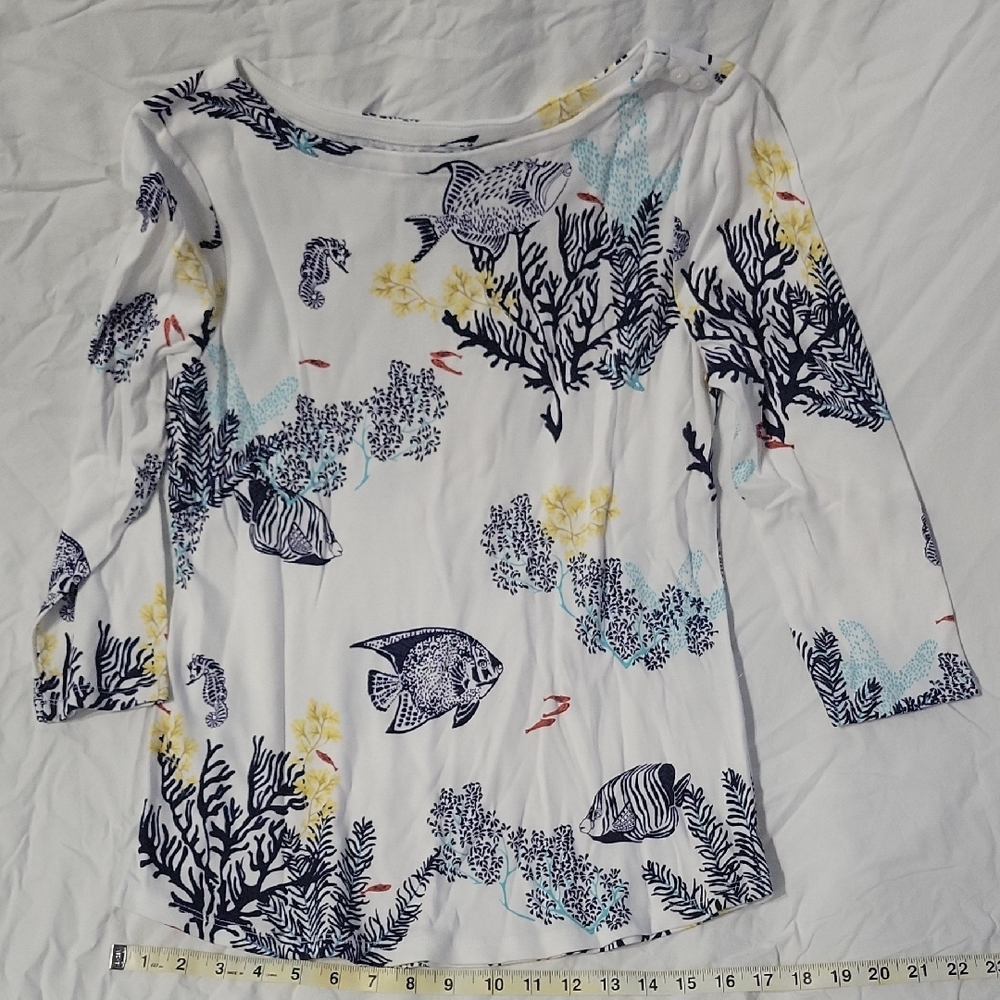 Charter Club White and Navy Marine Print Long Sleeve Top